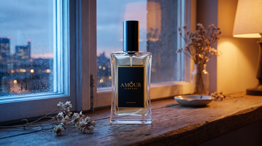 AMOUR Parfums bottle in day-to-night light transition